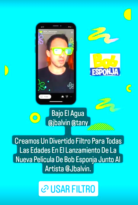 Promotional graphic for the Bajo el Agua mobile filter campaign associated with J Balvin, Tainy, and SpongeBob